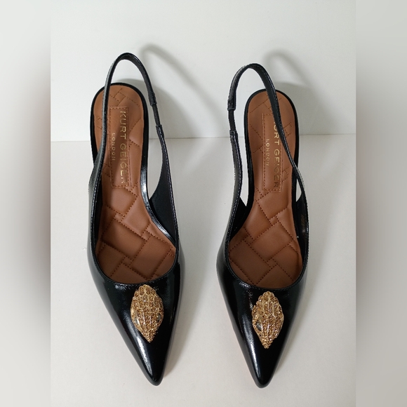 Kurt Geiger London Large Eagle Head Black Patent Leather Slingback Pumps - Picture 4 of 13